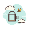 Icône liberté: une cage ouverte avec un oiseau qui s'envole